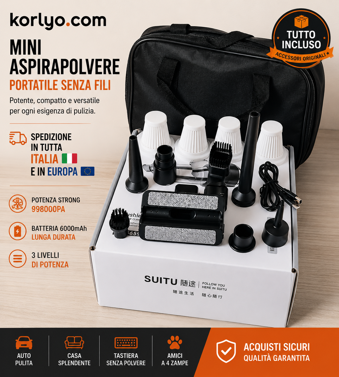 Mini Aspirapolvere Portatile 3 in 1 Senza Fili per Auto e Casa