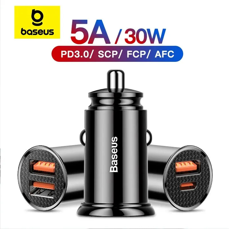 Caricatore Auto USB-C Baseus 30W – Ricarica Rapida PD e QC, Compatibile con iPhone, Samsung e Android