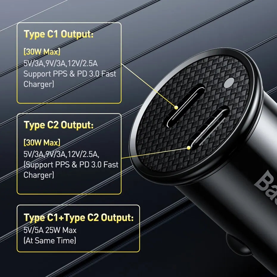 Caricatore Auto USB-C Baseus 30W – Ricarica Rapida PD e QC, Compatibile con iPhone, Samsung e Android