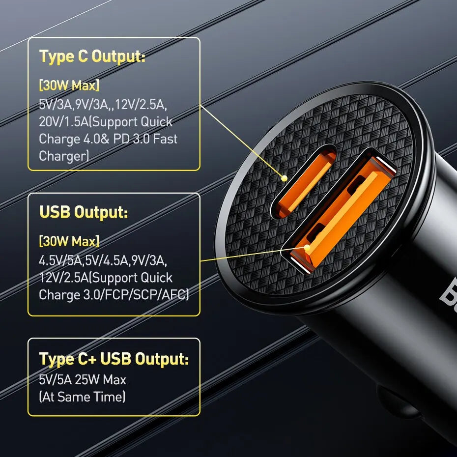 Caricatore Auto USB-C Baseus 30W – Ricarica Rapida PD e QC, Compatibile con iPhone, Samsung e Android