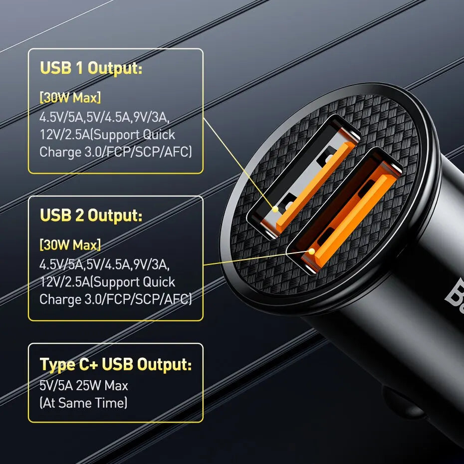 Caricatore Auto USB-C Baseus 30W – Ricarica Rapida PD e QC, Compatibile con iPhone, Samsung e Android